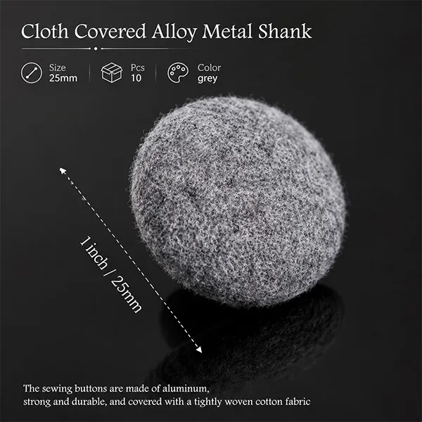 Fabric Cloth Covered Buttons with Metal Buttons for Blouses Sweaters Fabric Buttons Grey 25mm 10PCS